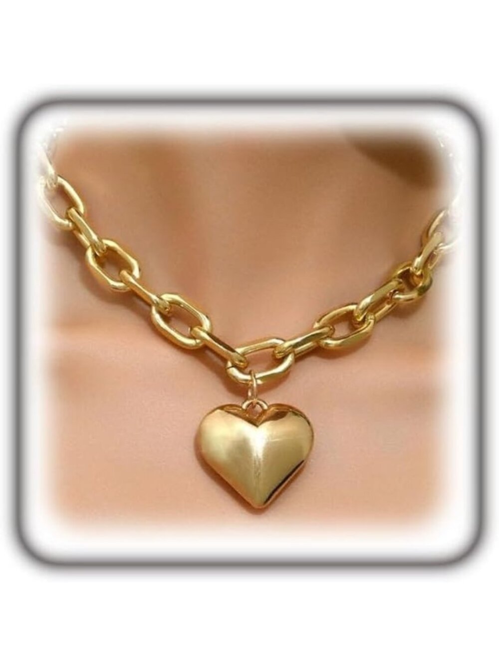 Women's Choker Golden Chunky Gold Heart Necklace Puffy Heart Statement Chain